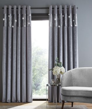 Catherine Lansfield Crushed Velvet Glamour Sequin 90x90 Inch Lined Eyelet Curtains Two Panels Grey 55287