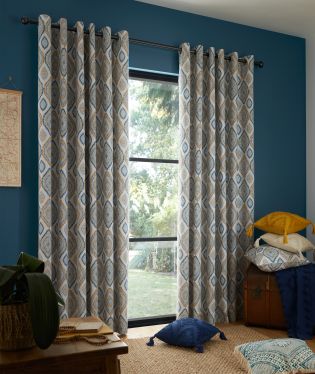 Pineapple Elephant Ziri Geo Cotton 90x90 Inch Lined Eyelet Curtains Two Panels Teal