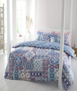 Catherine Lansfield Boho Patchwork Reversible Single Duvet Cover Set with Pillowcase Blue 57143