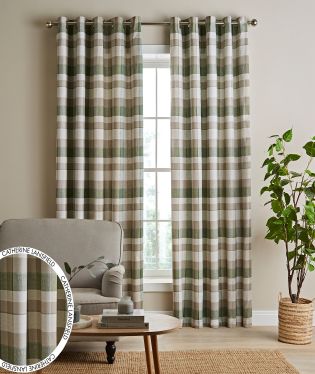Catherine Lansfield Brushed Cotton Thermal Check 90x90 Inch Lined Eyelet Curtains Two Panels Ochre Yellow 57780