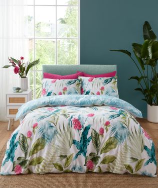 Catherine Lansfield Aruba Tropical Floral Reversible Single Duvet Cover Set with Pillowcase Green 57870