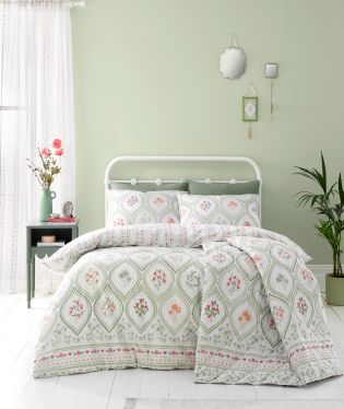 Catherine Lansfield Cameo Floral Reversible Single Duvet Cover Set with Pillowcase Green 57895