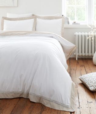 Bianca Oxford Lace 200 Thread Count Cotton Super King Duvet Cover Set with Pillowcases White Natural 58258