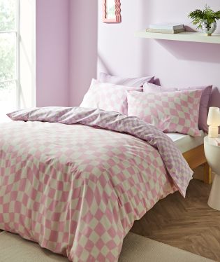Sassy B Bedding Checkerboard Wave Reversible Single Duvet Cover Set with Pillowcases Pink