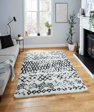 Scandi Berber Stain Resistant Moroccan Shaggy Rug - White/Black - 80x150