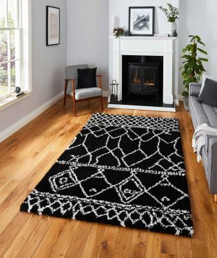 Scandi Berber Stain Resistant Moroccan Abstract Shaggy Rug - Black/White - 120x170