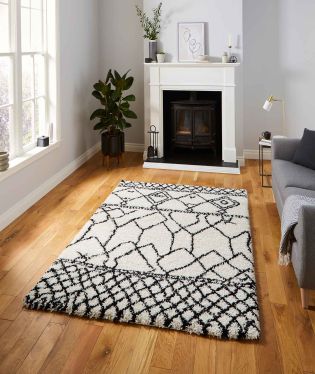 Scandi Berber Stain Resistant Moroccan Abstract Shaggy Rug - White/Black - 120x170